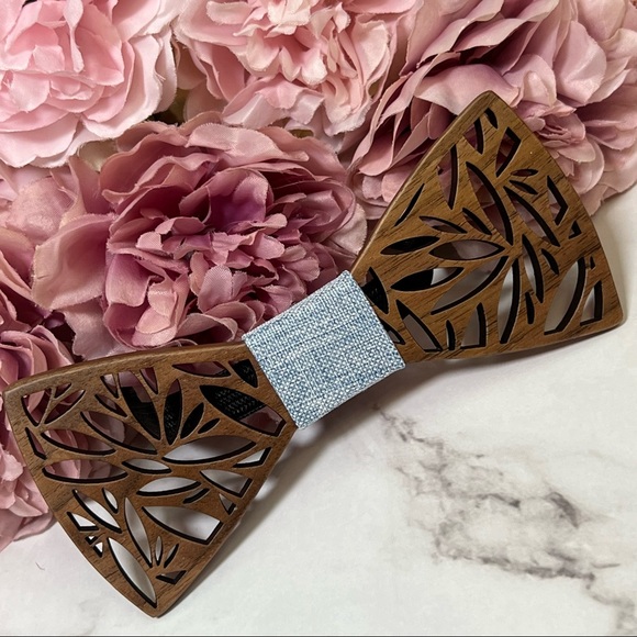 Handmade Wood Butterfly Bow Tie Cufflinks Blue Pocket Square & Boutonnière Set - Picture 6 of 16